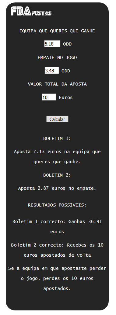 Calculadora Empate não tem Aposta Placard - Ferramentas das Apostas -  Ferramentas das Apostas